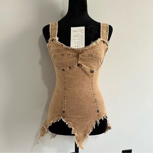 NWT Frayed Hem Tan Brown Denim Corset Top